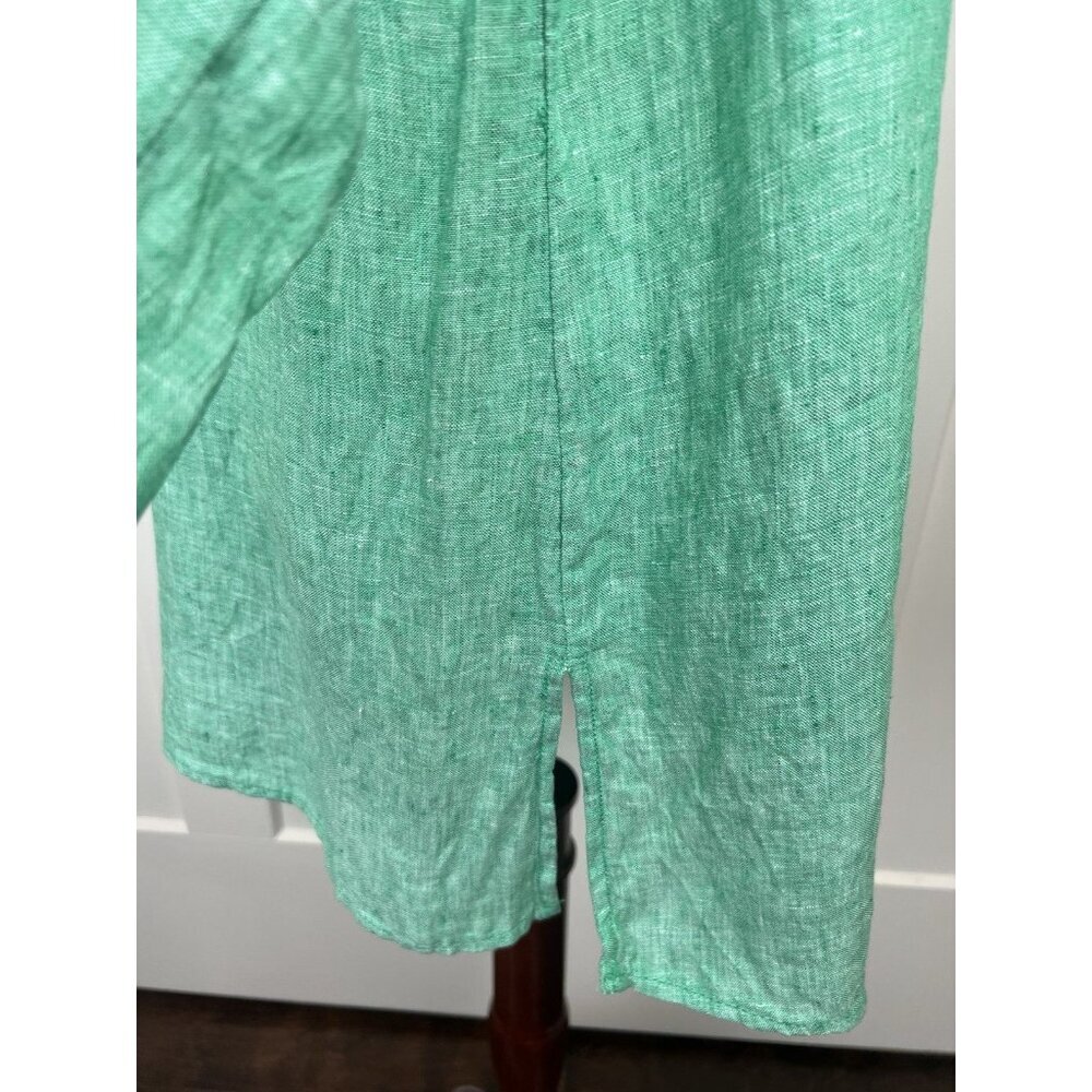 Tahari 100% Linen Tunic Top 1X Green Button Front Roll Tab Sleeve EUC - Picture 4 of 9
